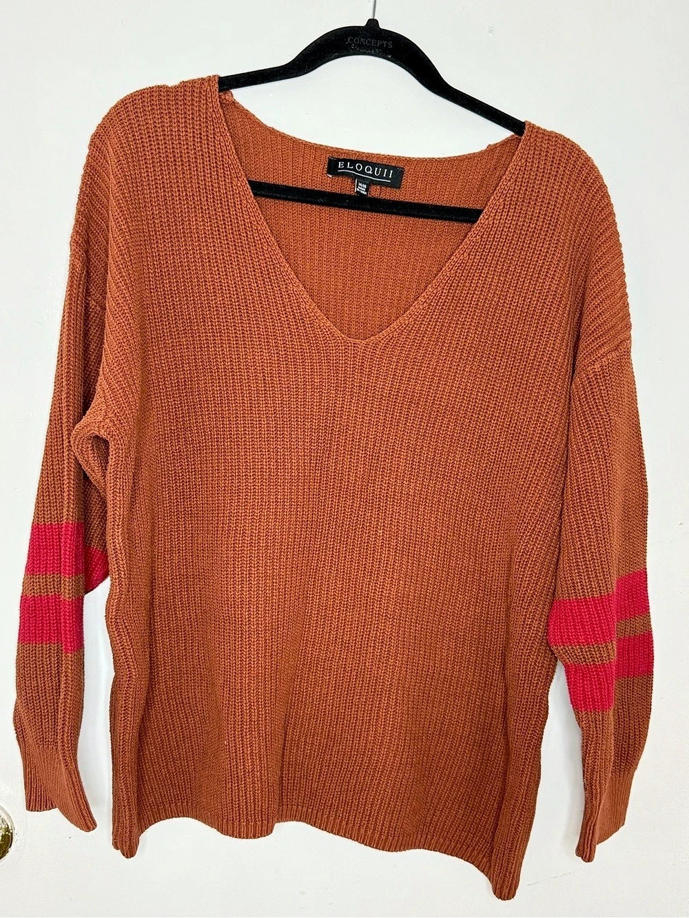 ELOQUII V-Neck Striped Sleeve Sweater